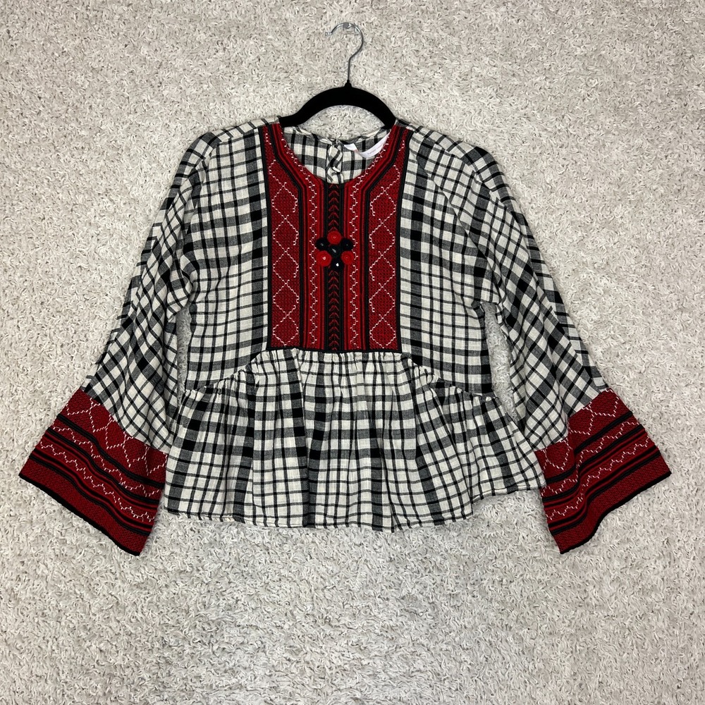 Zara Babydoll Blouse Womens XS Plaid Embroidered‎ Bell Sleeve Boho Hippie